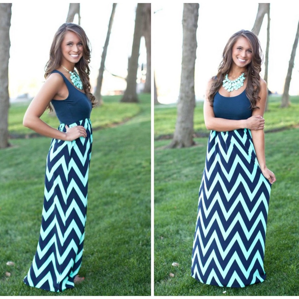 EUC Pink Lily Navy & Mint Chevron Maxi sleeveless Dress size Small